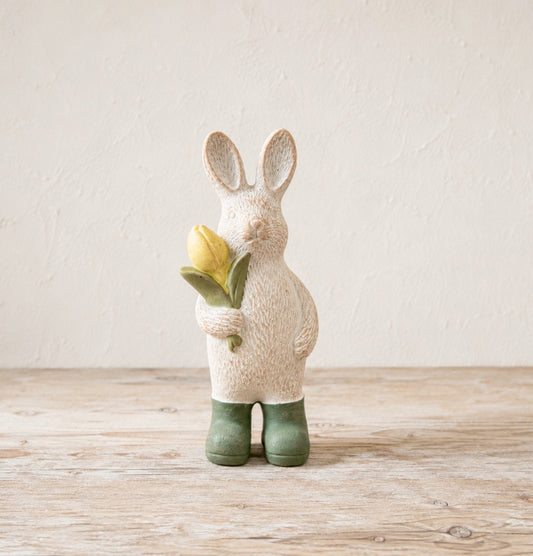 Standing Bunny with Tulip Ornament Rabbit Decoration Pink Tulip Yellow Rain Boots Spring Home Décor 22cm Item #83165
