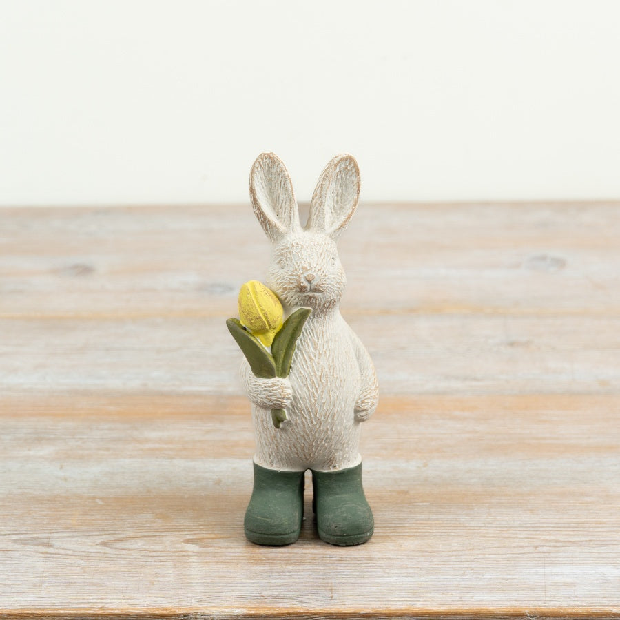 Rabbit with Tulip Ornament Standing Rabbit Decoration Pink Tulip Yellow Rain Boots Spring Home Décor 18x7x6.5cm Item #83166