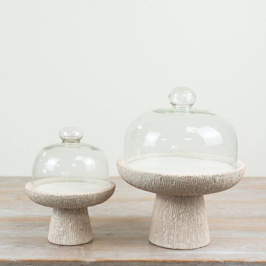 Cement Cake Cloche Cement Cake Stand with Glass Dome Pastry Display Stand Farmhouse Kitchen Décor 21.5x16.5cm Item #83171