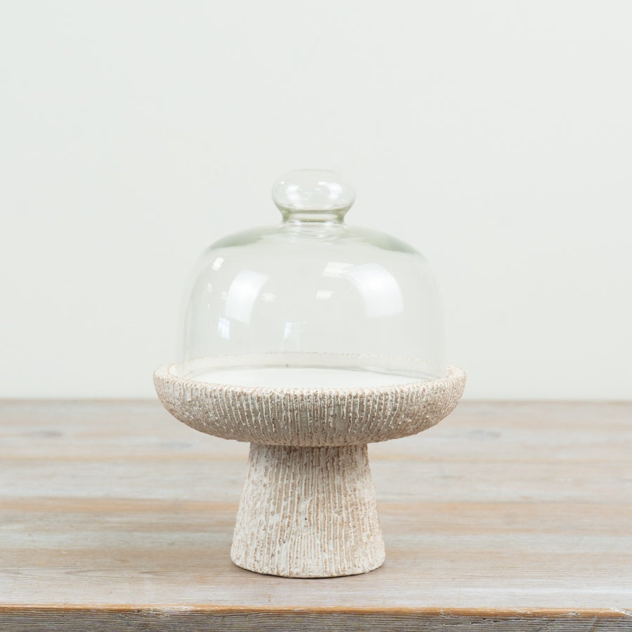 Cement Cake Cloche Cement Cake Stand with Glass Dome Pastry Display Stand Farmhouse Kitchen Décor 21.5x16.5cm Item #83171