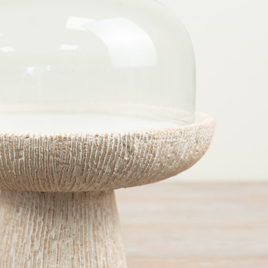 Cement Cake Cloche Cement Cake Stand with Glass Dome Pastry Display Stand Farmhouse Kitchen Décor 21.5x16.5cm Item #83171