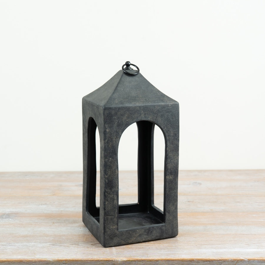 Rustic Lantern Ceramic Lantern Distressed Black Candle Holder Decorative Indoor Outdoor Home Décor 35x16.5x16.5cm Item #83177