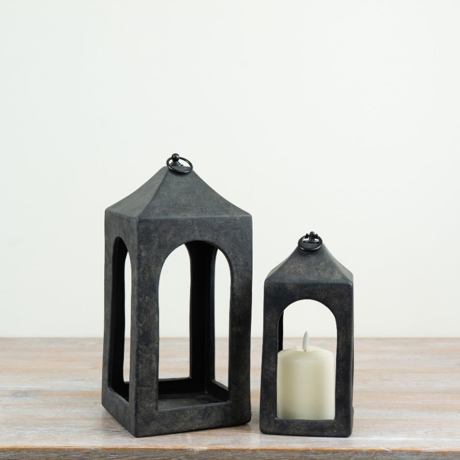 Rustic Lantern Ceramic Lantern Distressed Black Candle Holder Decorative Indoor Outdoor Home Décor 35x16.5x16.5cm Item #83177