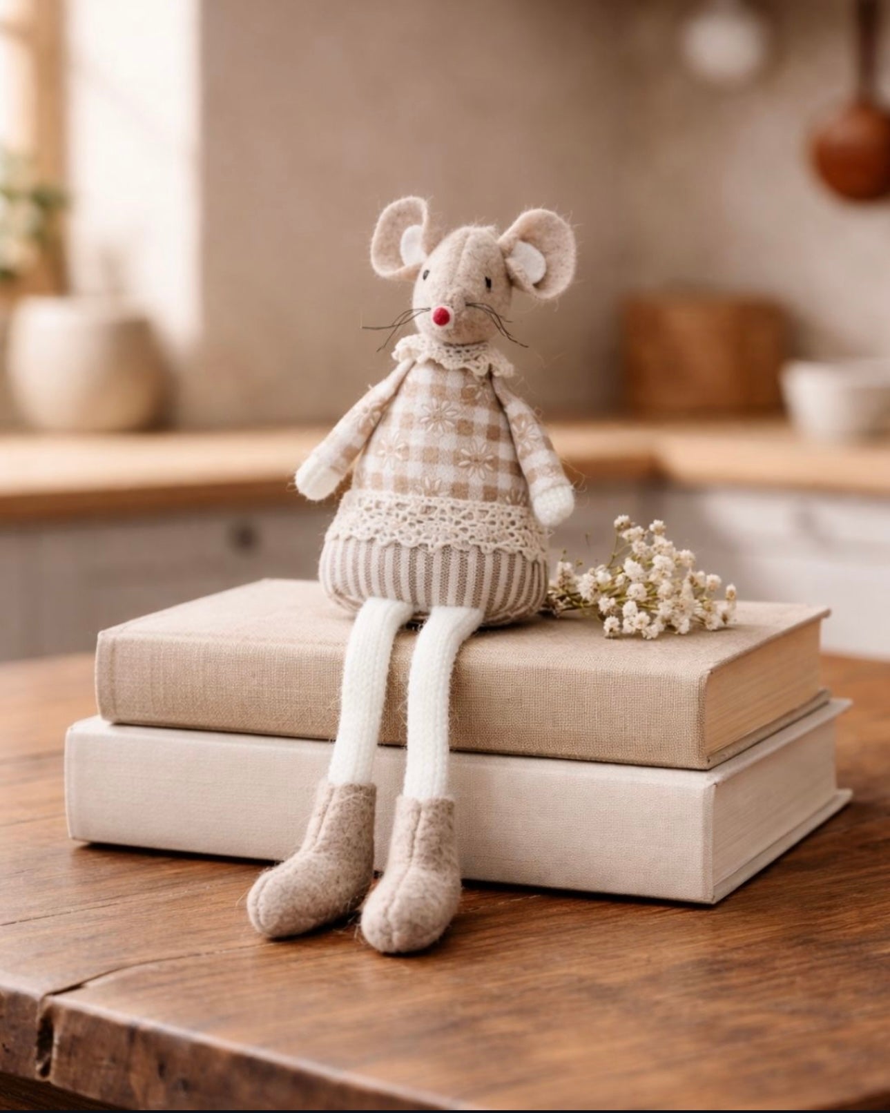 Sitting Mouse with Dangle Legs & Check Dress 17cm – Fabric Mouse Ornament, Cute Character Decor for Shelf and Home Styling