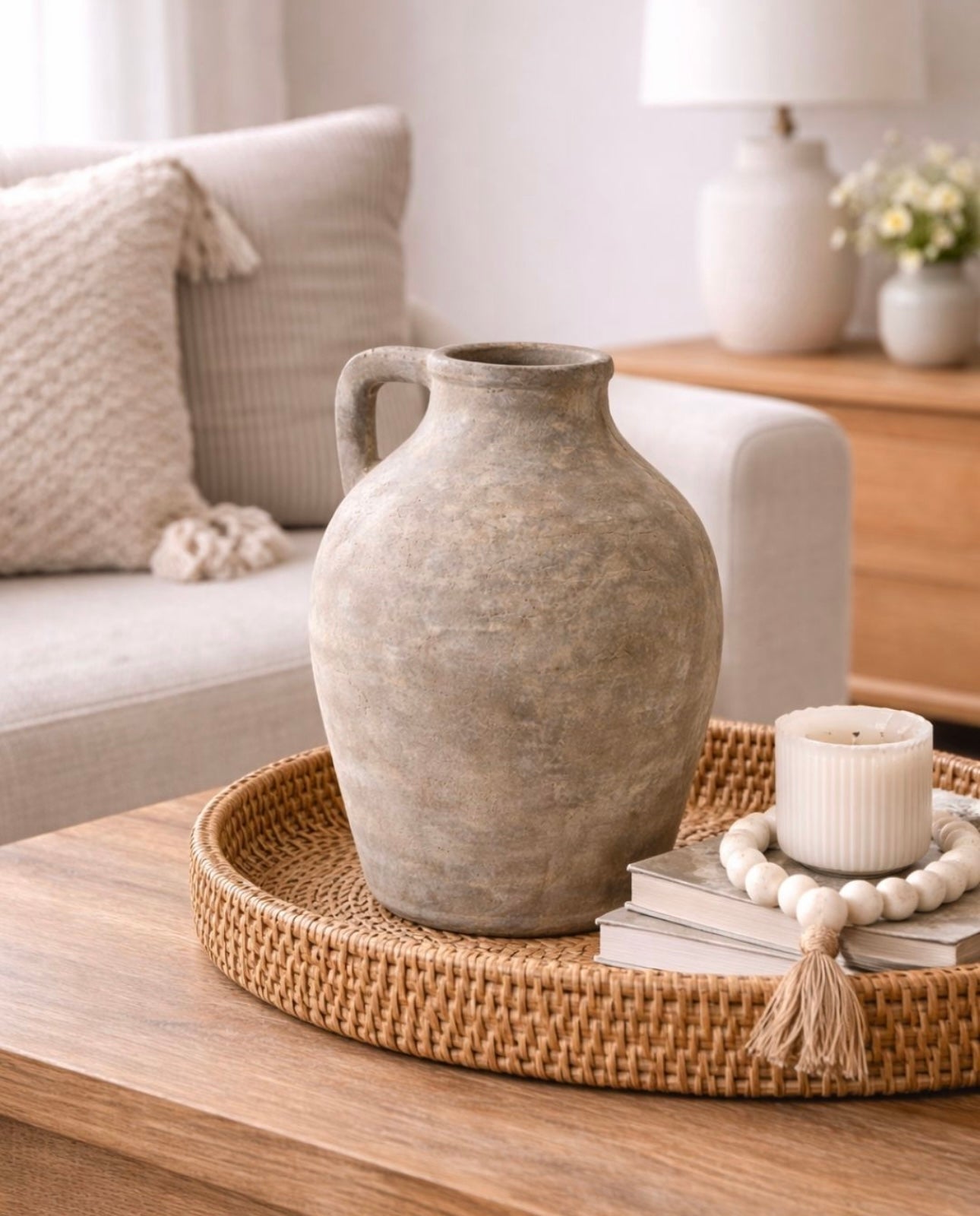 Farmhouse Ceramic Jug Vase 28cm – Large Rustic Pitcher Vase for Fresh or Dried Flowers – Neutral Vintage Home Décor for Kitchen, Hallway or Living Room – Sabrina Decorative Jug with Handle