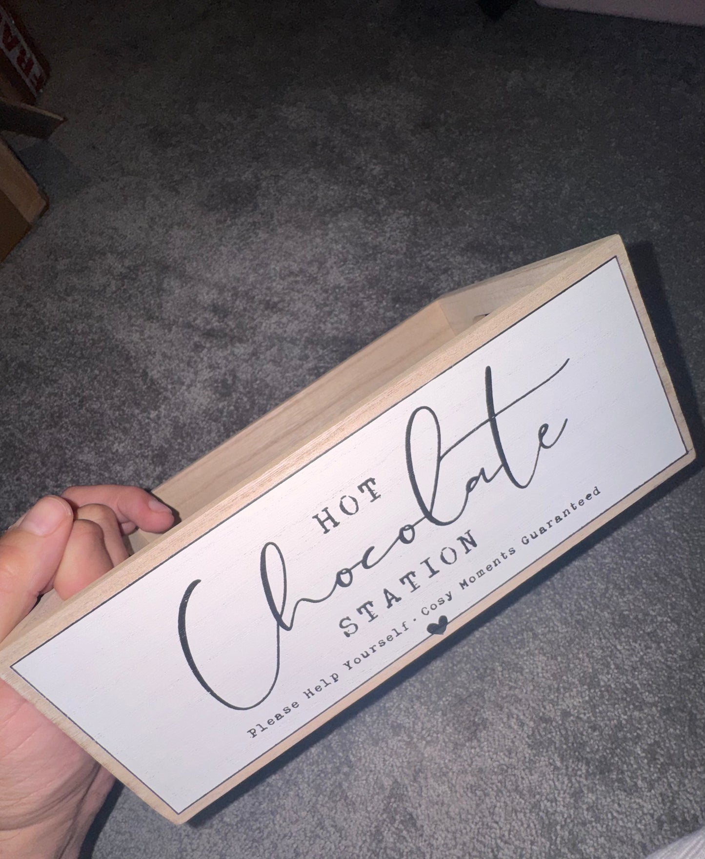 Wooden Hot Chocolate Station Crate Whitewashed Wooden Storage Caddy Rustic Kitchen Home Décor Gift 24cm