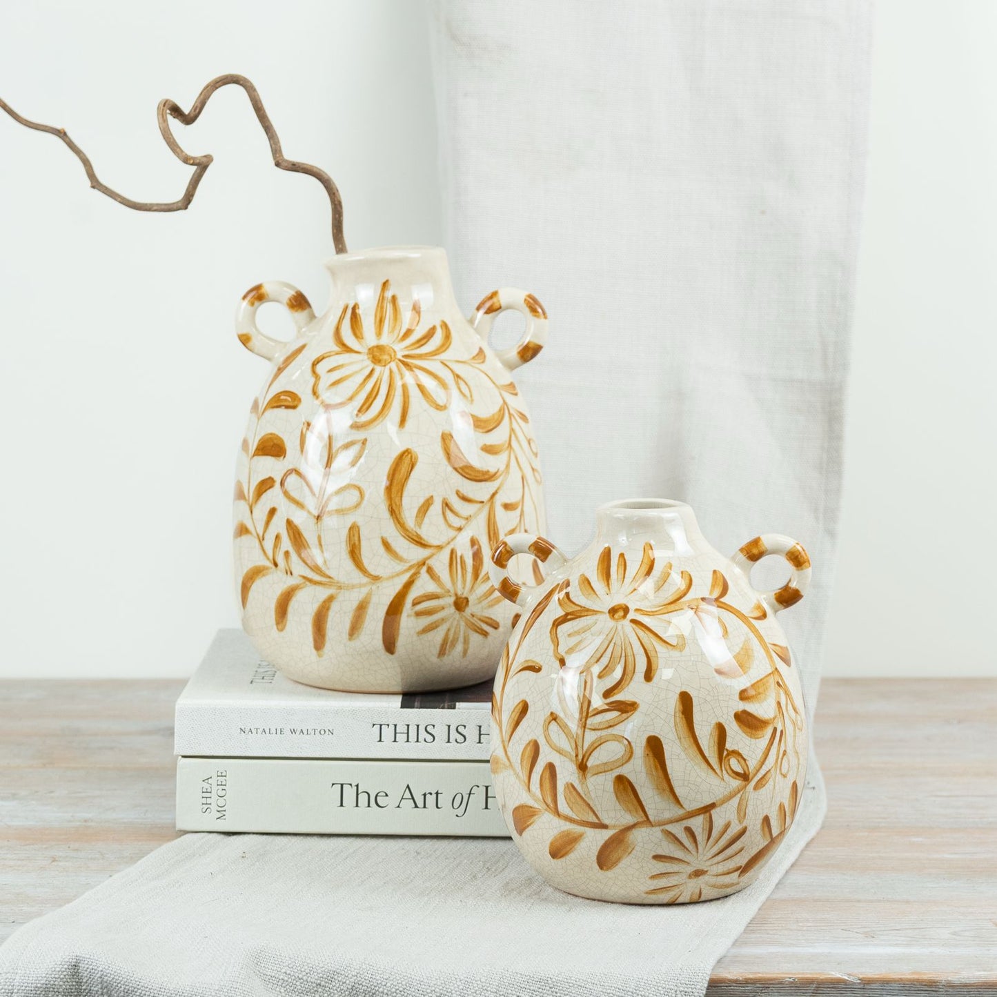 Double-Handled Ceramic Flower Vase 19cm – Yellow Floral Motif Vase for Home Décor & Table Display