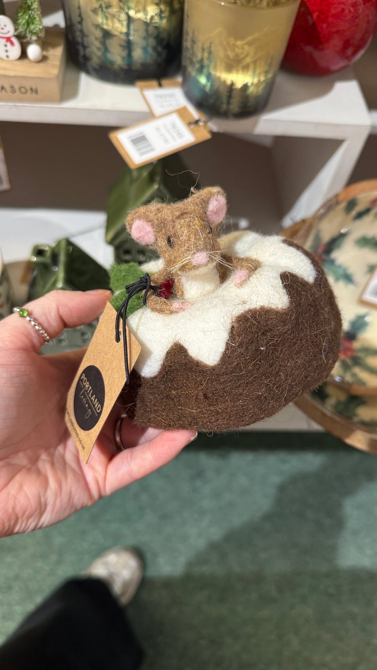 Felt Mouse in Christmas Pudding Christmas Mouse Ornament Festive Hanging Decoration Woodland Décor 12cm Item #79021