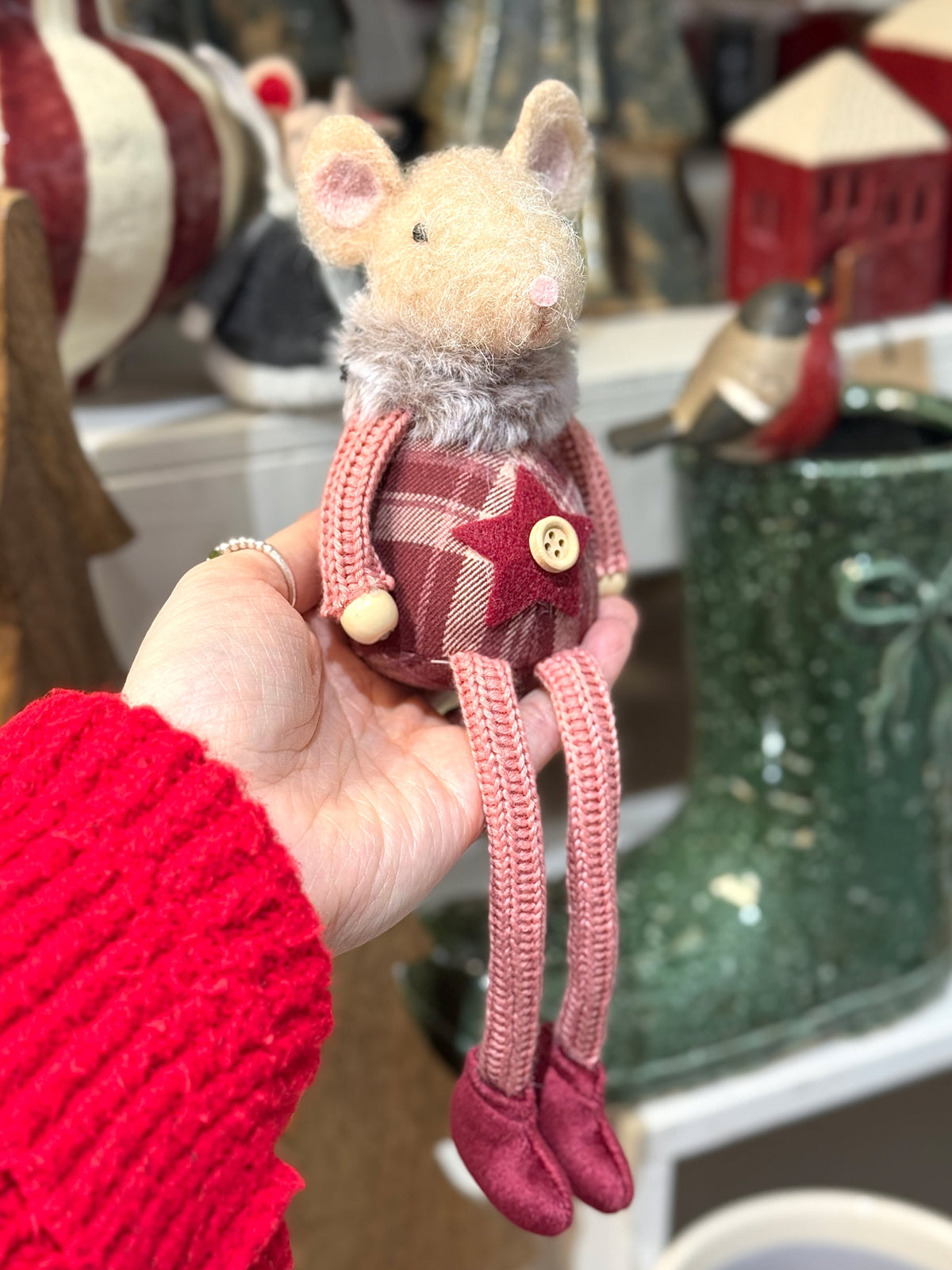 Burgundy Tartan Sitting Mouse Fabric Mouse Ornament Christmas Decoration Knitted Shelf Sitter Festive Home Décor 27cm Item #79022