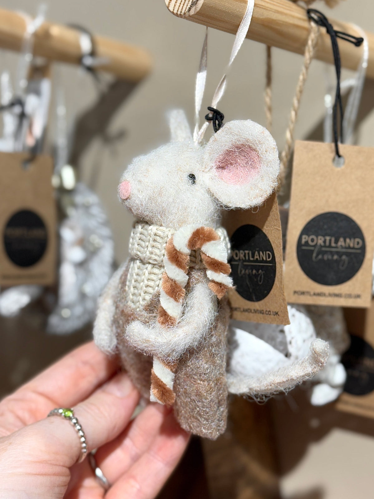 Festive Mouse Hanging Decoration Neutral Mouse Ornament Knitted Scarf Candy Cane Christmas Décor 12x6x18cm Item #79031