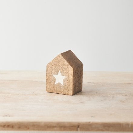 10cm Mango Wood House with Embossed White Star Design - Rustic Decor Accent for Home
