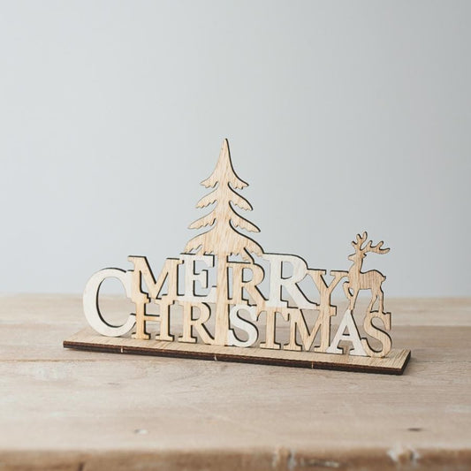Natural Wood Christmas Plaque 22.5cm – Woodland Reindeer Rustic Festive Wall Décor